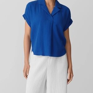 Eileen Fisher Crinkled Organic Cotton Notch Collar Short Sleeve Top